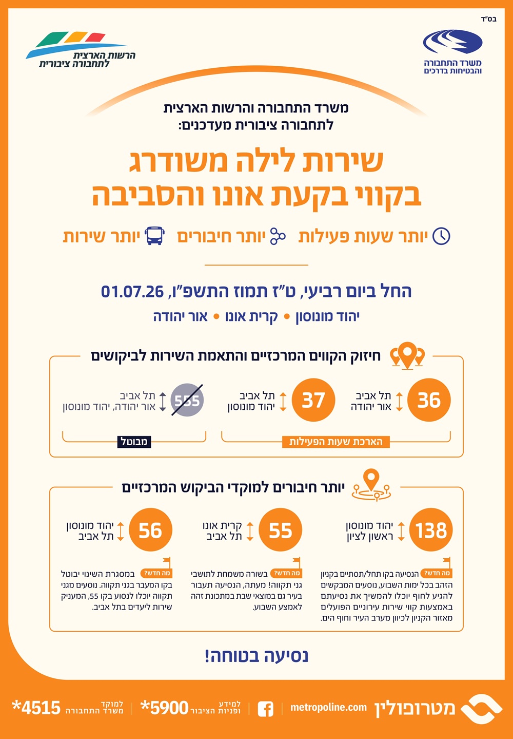 שירות לילה משודרג בקווי בקעת אונו והסביבה